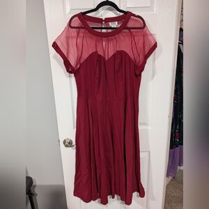 Unique Vintage 1950's Style Red Sheer Bodice Shirelle Swing Dress in Size 3X/20